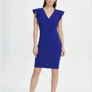 DKNY Royal blue ruffle cap sleeve midi dress